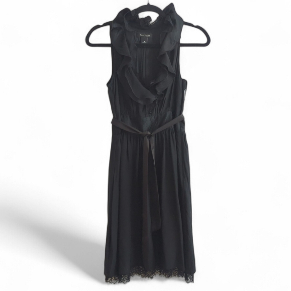White House Black Market Black Ruffled V-Neck w Lace Trim Sleeveless Dress Sze 4